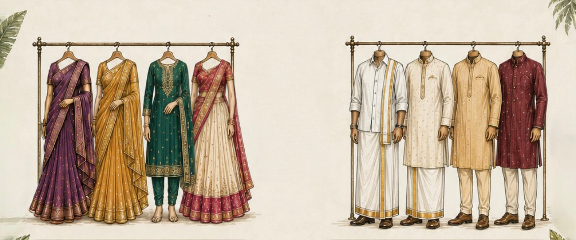 No restricted palette for this one - the morning is meant to be bright. Think rich, saturated colour. Traditional Indian dress is warmly welcomed - sarees, lehengas, chudidars, kurtas, dhotis or veshtis - but any bright, festive colour works just as well.