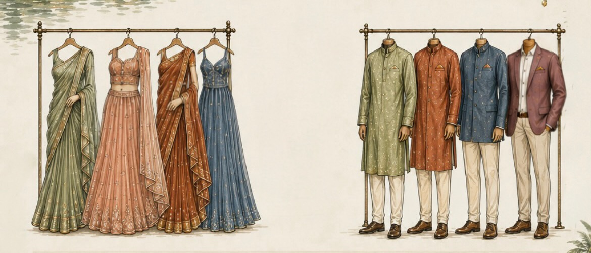 Think flowing silhouettes, beautiful Indian textiles, soft linens and festive details. Whether you're wearing a saree, lehenga, kurta or a linen suit, let the colours and warmth of the evening inspire you.