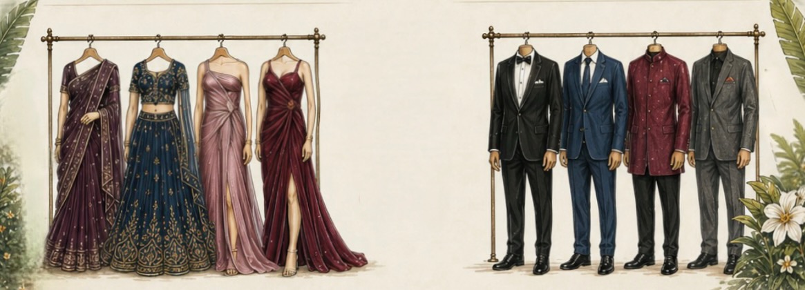 Tuxedos, suits, gowns, sarees and lehengas all work. Lean into deep, rich colour. If in doubt: the darker and more jewelled, the better.