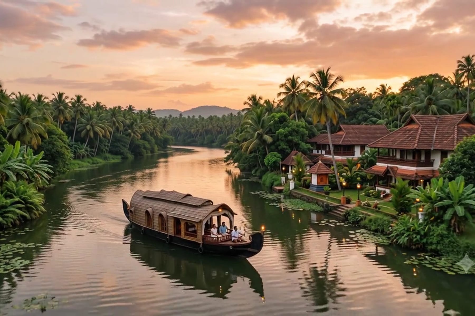 A still Kerala backwater at low sun, coconut palms mirrored in flat water