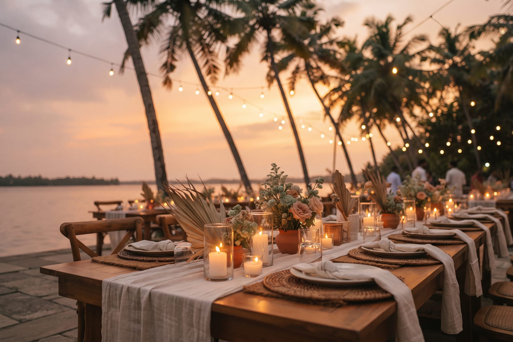 A long table set on the sand for dinner, pale linen, rattan chairs and dried grasses