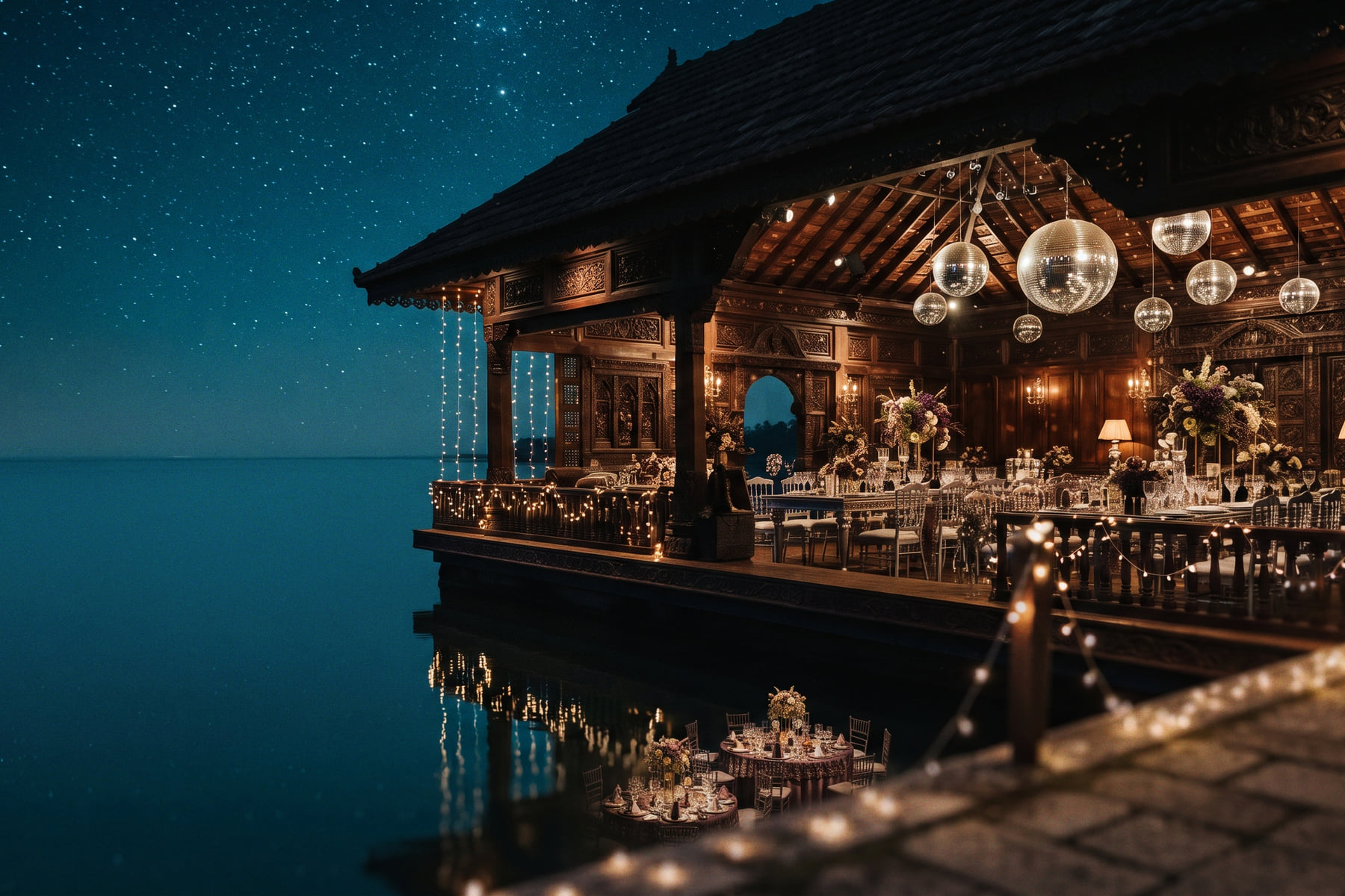 An evening reception lit with warm lamps, reflected in still dark water